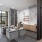 long coffee station counter and social area with large windows and views of outdoor pool and courtyard