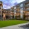 courtyard with fire place and overhead stringed lights
